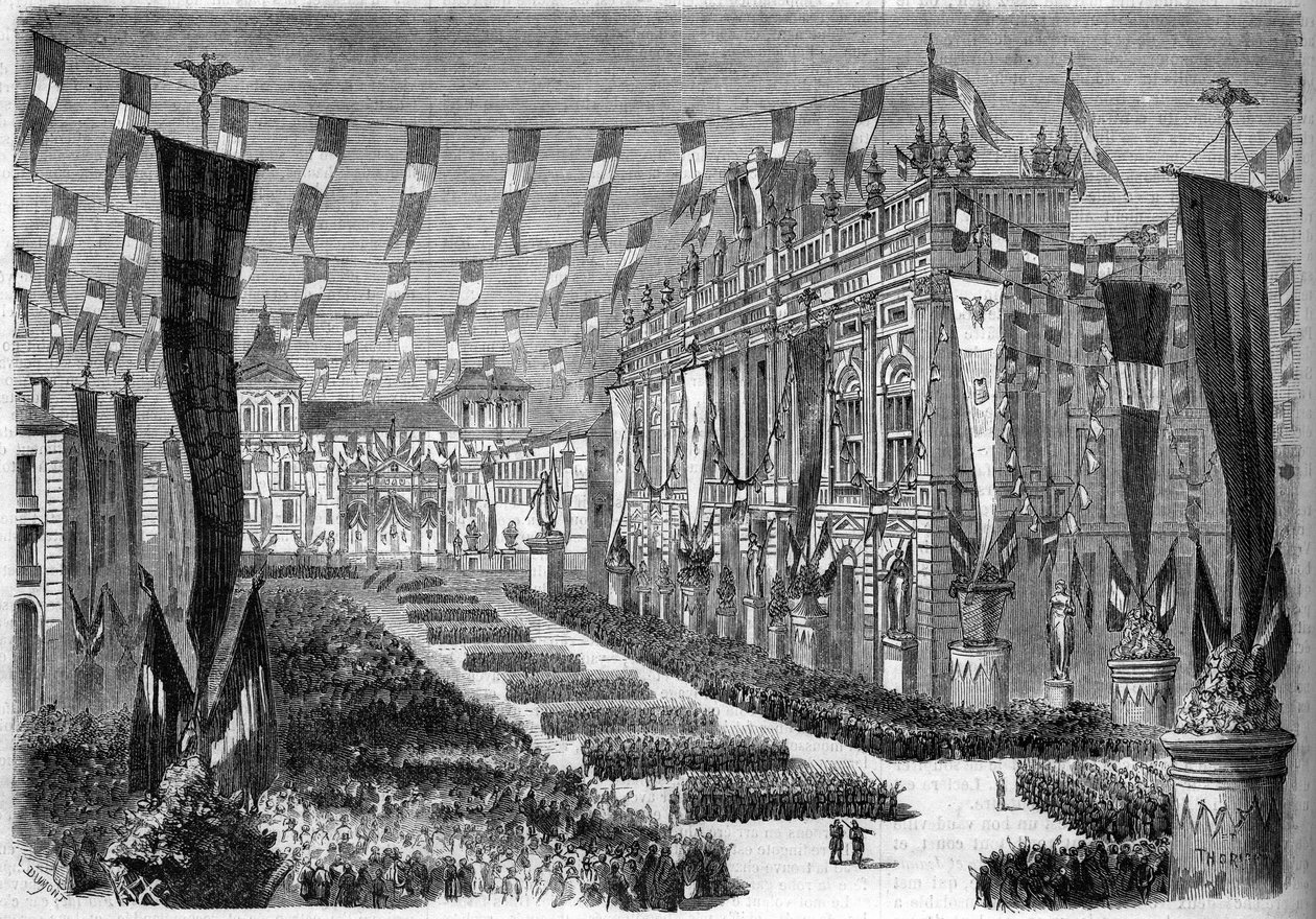 Unificação italiana, Turim, 2 de Abril de 1860: decoração da praça do castelo (Piazza Castello), por ocasião da abertura do parlamento italiano. Gravura no "Le Monde Illustré" n°157 de 14 de Abril de 1860. de French School