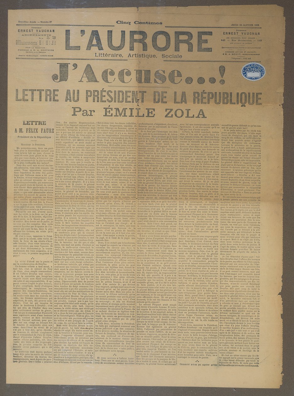 Carta de Jusa por Emile Zola (1840-1902), publicada em LAurore, 13 de janeiro de 1898 (impressão) de French School