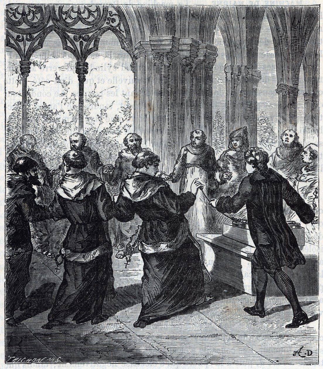 JEAN ANTOINE NOLLET (1700-1770) deu uma concussão eléctrica aos religiosos de um convento em Carthusian - Gravura em "Ciências levadas ao alcance de todos - física e química" por Alexis Clerc - Final do século XIX - Colecção privada de French School