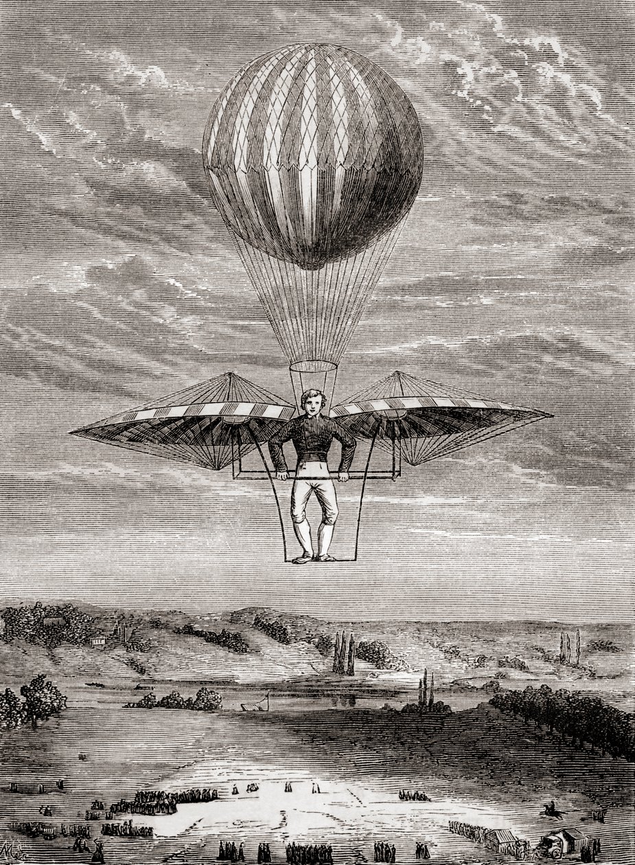 Ornitóptero de Jacob Degen, de 1808, com válvulas de flap, em que o piloto se apoiava numa estrutura rígida e accionava as asas com uma barra horizontal móvel, de "Les Merveilles de la Science", publicado por volta de 1870 (litografia) de French School