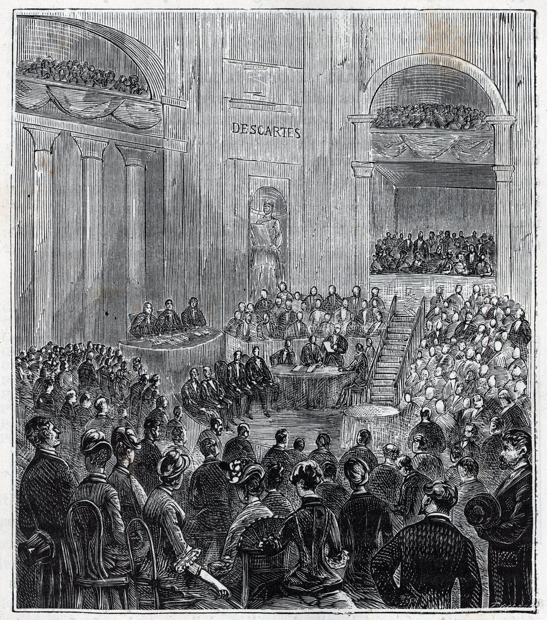 Jacques Babinet (1794 - 1872), físico e astrônomo francês na reunião solene das cinco Academias em 1840 - Gravura em "Ciências trazidas ao alcance de todos - física e química" por Alexis Clerc - Fim do século XIX. Coleção particular. de French School
