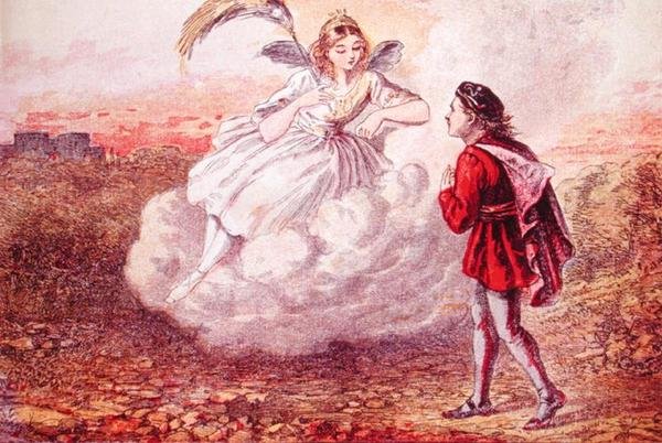 Jacques e a fada, ilustração para o conto "Jacques et ses Trois Voyages", c.1860 (gravura a cores) de French School