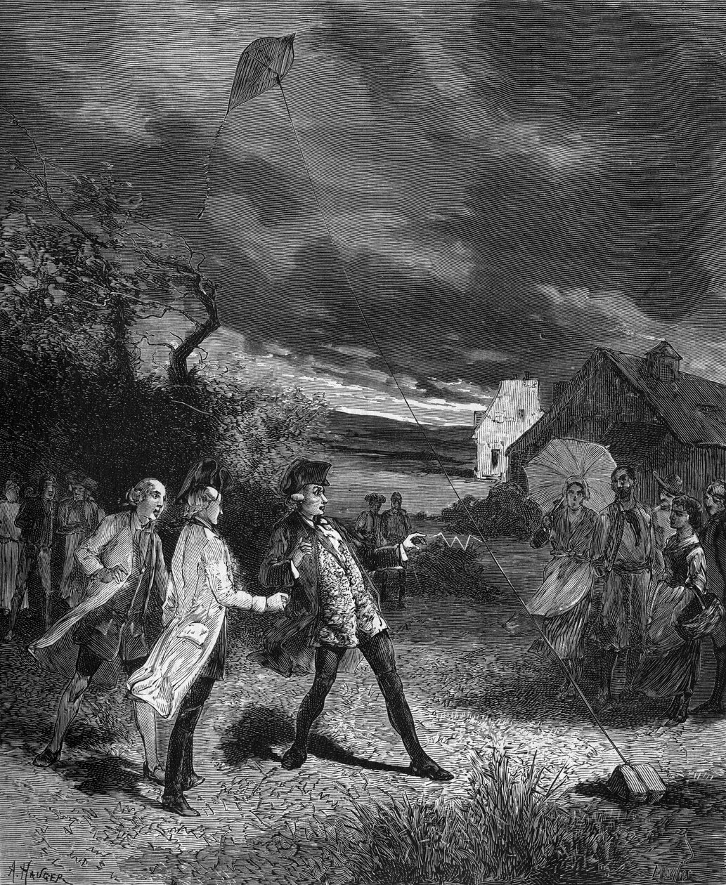 Jacques de Romas (1713-1776), físico francês, experimentando um papagaio para capturar eletricidade atmosférica em 1752. de French School