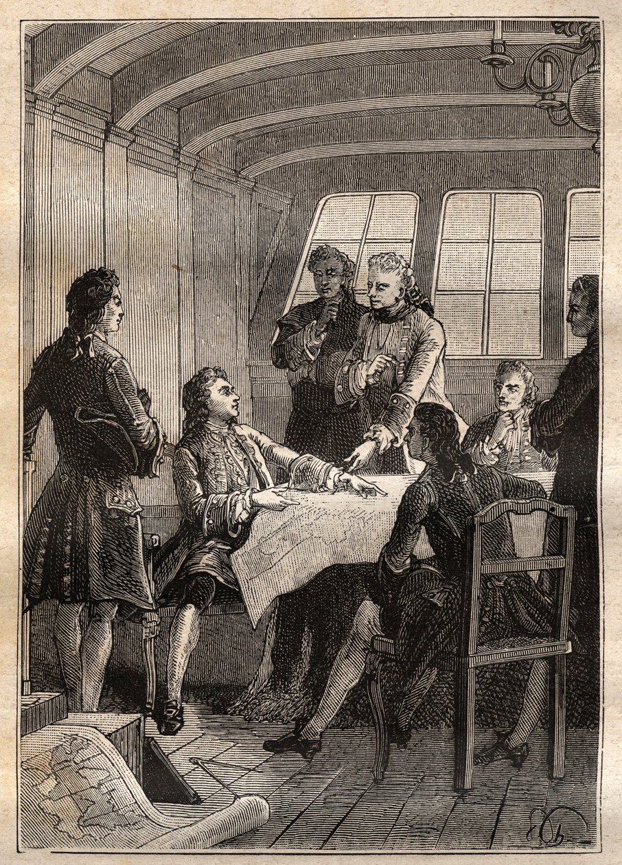 Jakob (Jacob) Roggeveen (1659-1729) Explorador holandês durante sua viagem ao Oceano Pacífico em 1722 - ilustração de "Os Grandes Marinheiros do Século 18". de French School