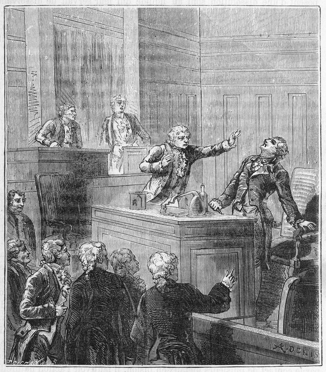 James Price (1752-1783) envenenou-se (ácido prússico) durante a assembleia da Royal Society. Gravura em "Ciências disponibilizadas a todos - física e química" por Alexis Clerc - Fim do século XIX. Coleção privada. de French School