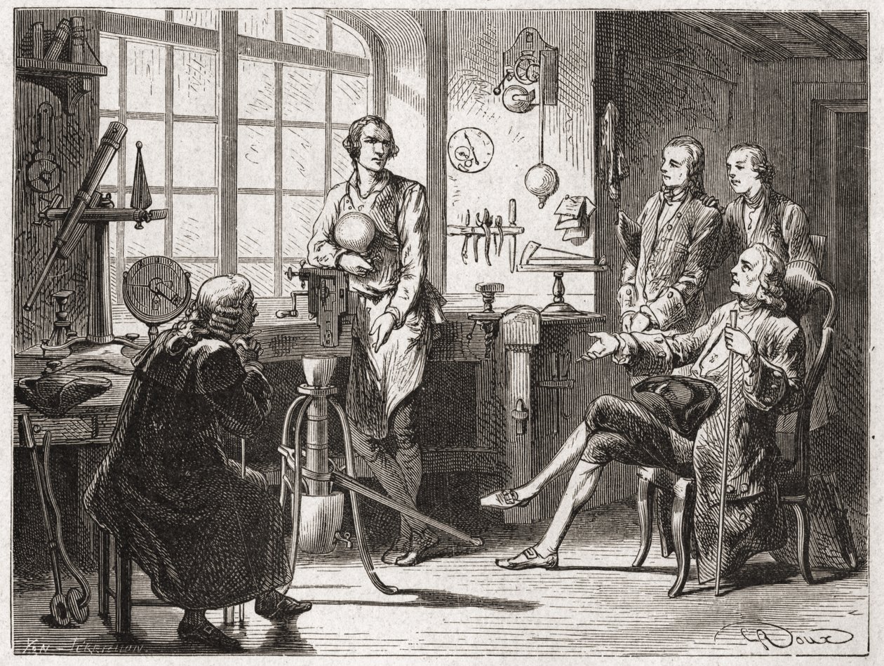 James Watt (inventor da máquina a vapor em 1769) na sua loja Glascow - no "Album of Science; illustrious scientists; Great discovery" 1896. de French School