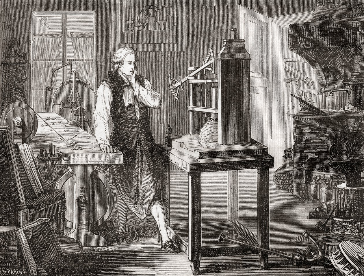 James Watt em sua oficina em Glasgow melhorando a máquina a vapor Newcomen 1712 de Thomas Newcomen com sua máquina a vapor Watt em 1781, de Les Merveilles de la Science, pub.1870. de French School