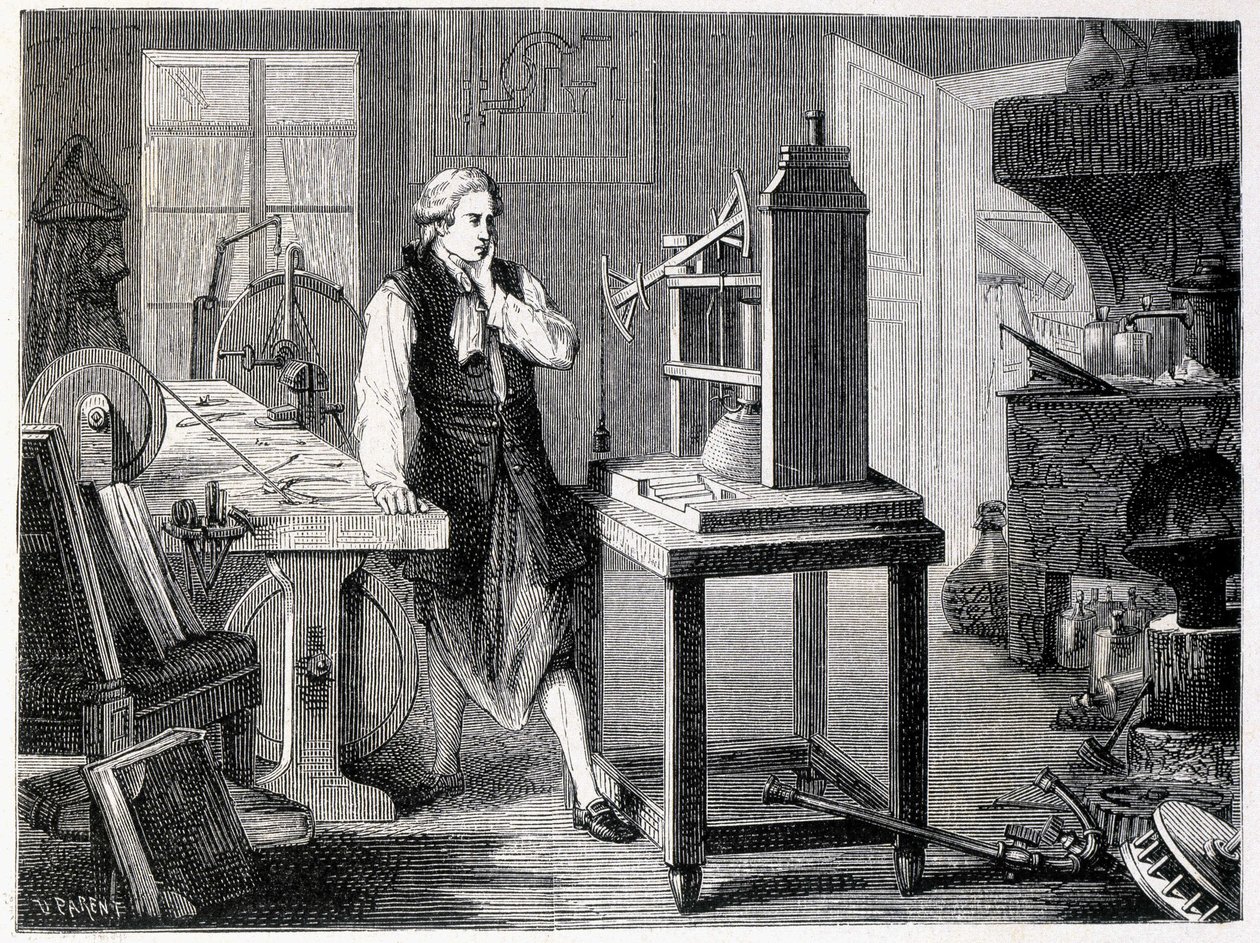 James Watt estudando o aperfeiçoamento da máquina de Newcomen (1767) - em "Album of Science; illustrious scholars; Great discoveries" 1896. de French School