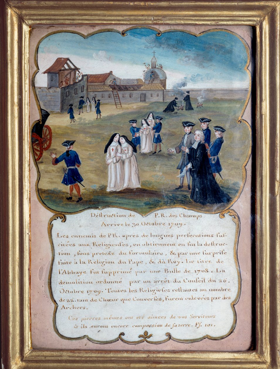 Jansenismo "Destruição da abadia de Port Royal des Champs (Port-Royal-des-Champs) em 1709 para a acusação de heresia". Guache anónima do século XVIII. Port Royal, Musee Des Granges. de French School