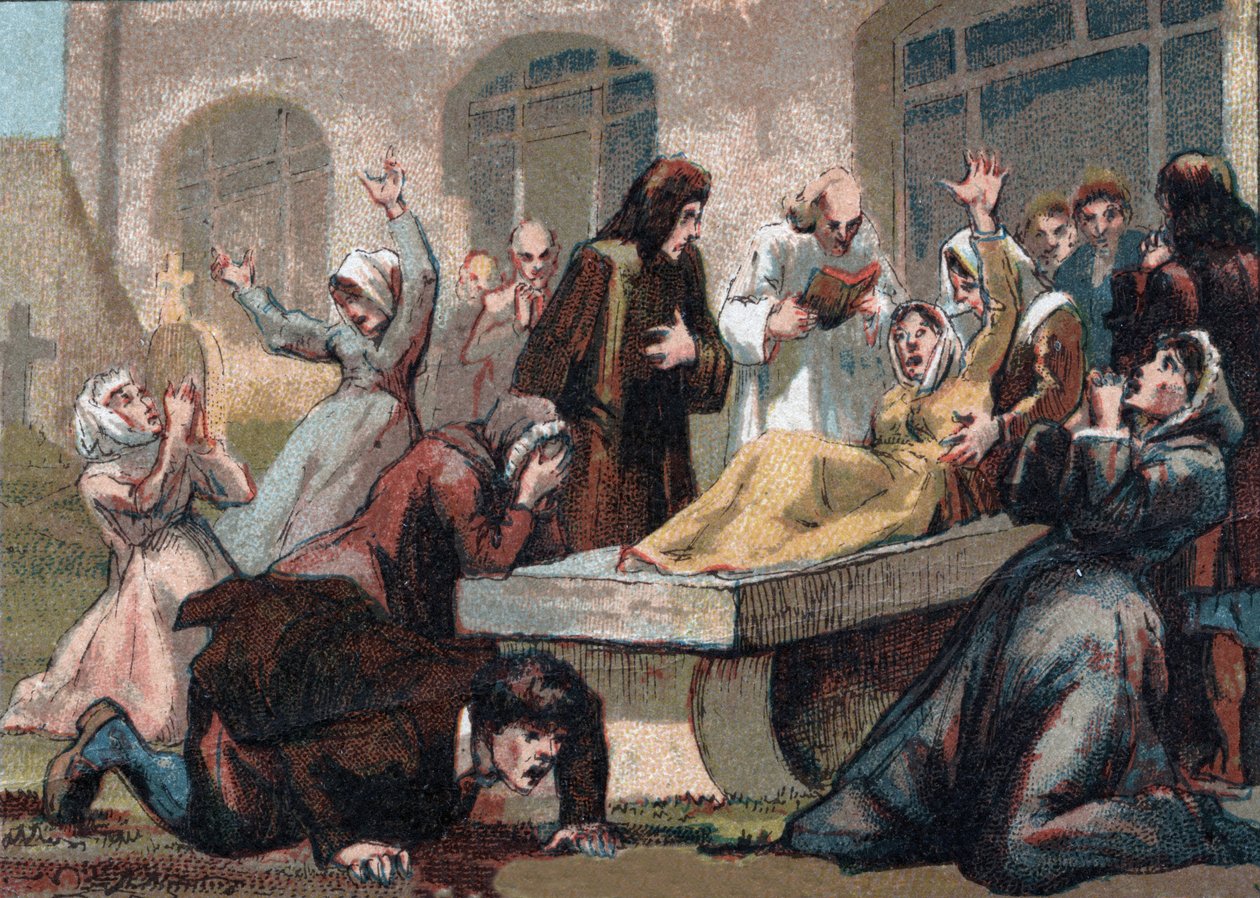 Jansenismo: os convulsionários (fanáticos jansenistas) do cemitério Saint Medard (São Medardo) sob a cromolitografia de Luís XV. por volta de 1890. de French School