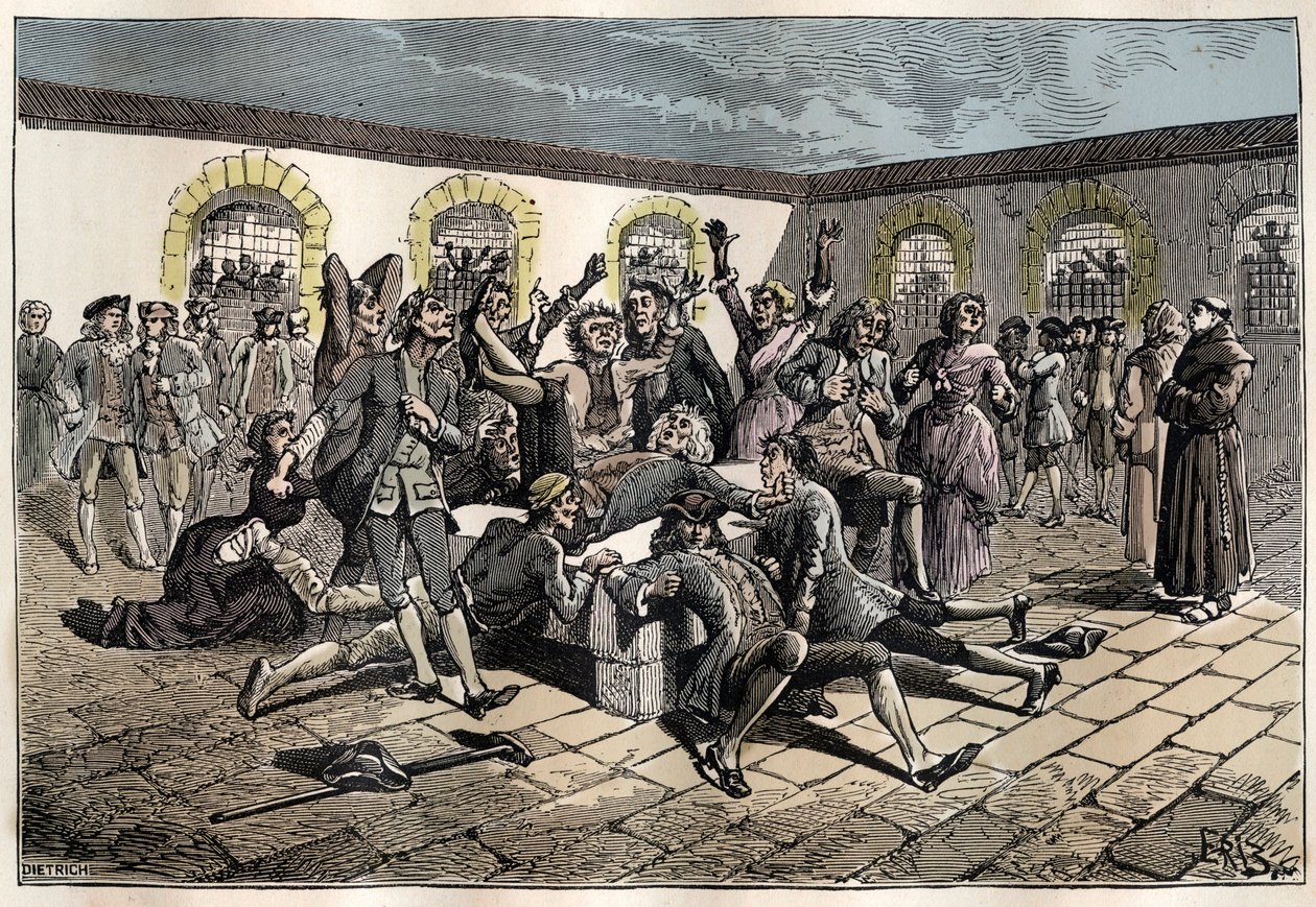 Jansenista convulsionário (ou São Medardo) (Obras de convulsões) no século XVIII: "os doentes e enfermos vão ao cemitério de São Medardo (onde se encontra o túmulo do diácono François Paris) para serem milagrosamente guerrilheiros" (Práticas convulsivas -  de French School