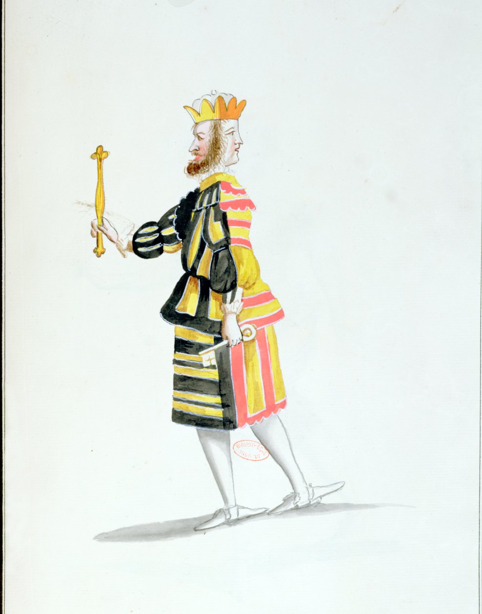 Fato de Janus para o Ballet de la Nuit de Jean-Baptise Lully (1632-87) dançado por Louis XIV, 23 de fevereiro de 1653 (wc no papel) de French School