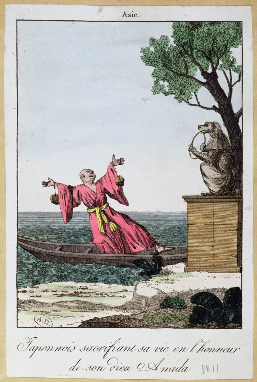 Homem japonês sacrificando sua vida em honra do deus Amida, 1811 (cor litho de French School