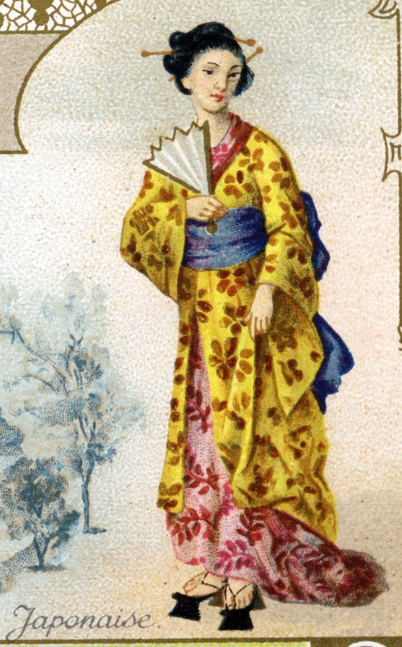 mulher japonesa . Edição da litografia parisiense, final do século XIX. Série de 25 cromos publicitários para a fabricação Dijon de Biscoitos Pernot, criada em 1869. Detalhe dos personagens em traje tradicional. de French School