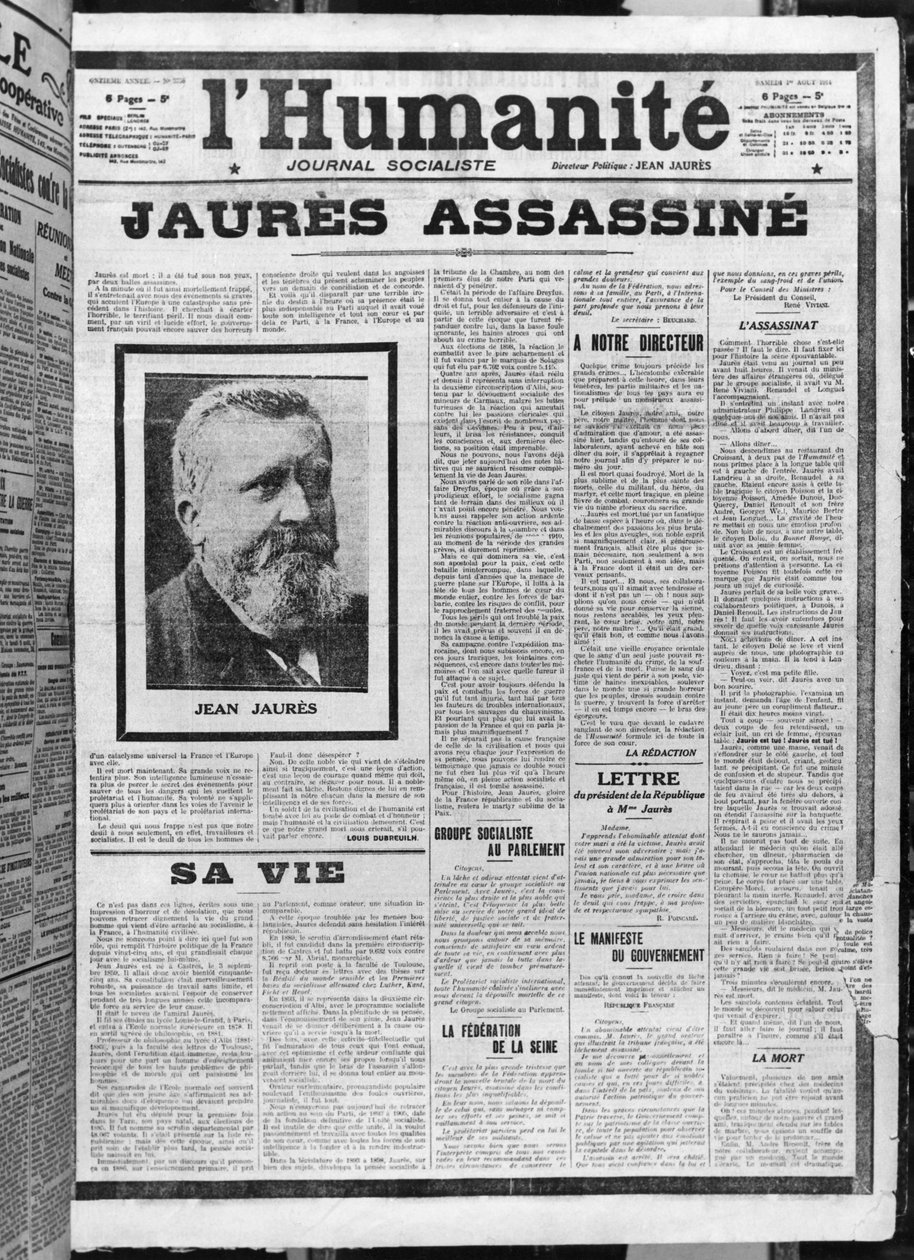 Jaures assassinado, de LHumanite, 1º de agosto de 1914 (photolitho) de French School