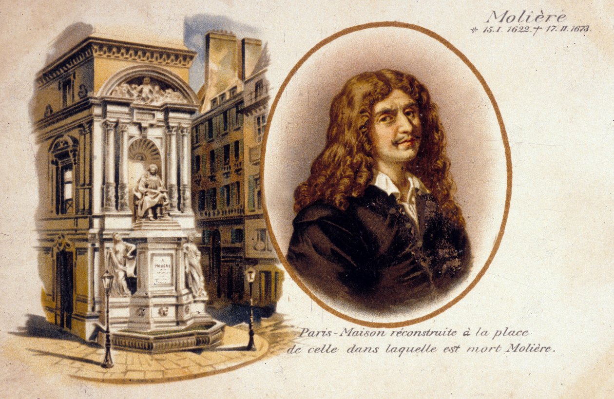 Jean-Baptiste Poquelin, também conhecido como Molière (lito colorido) de French School