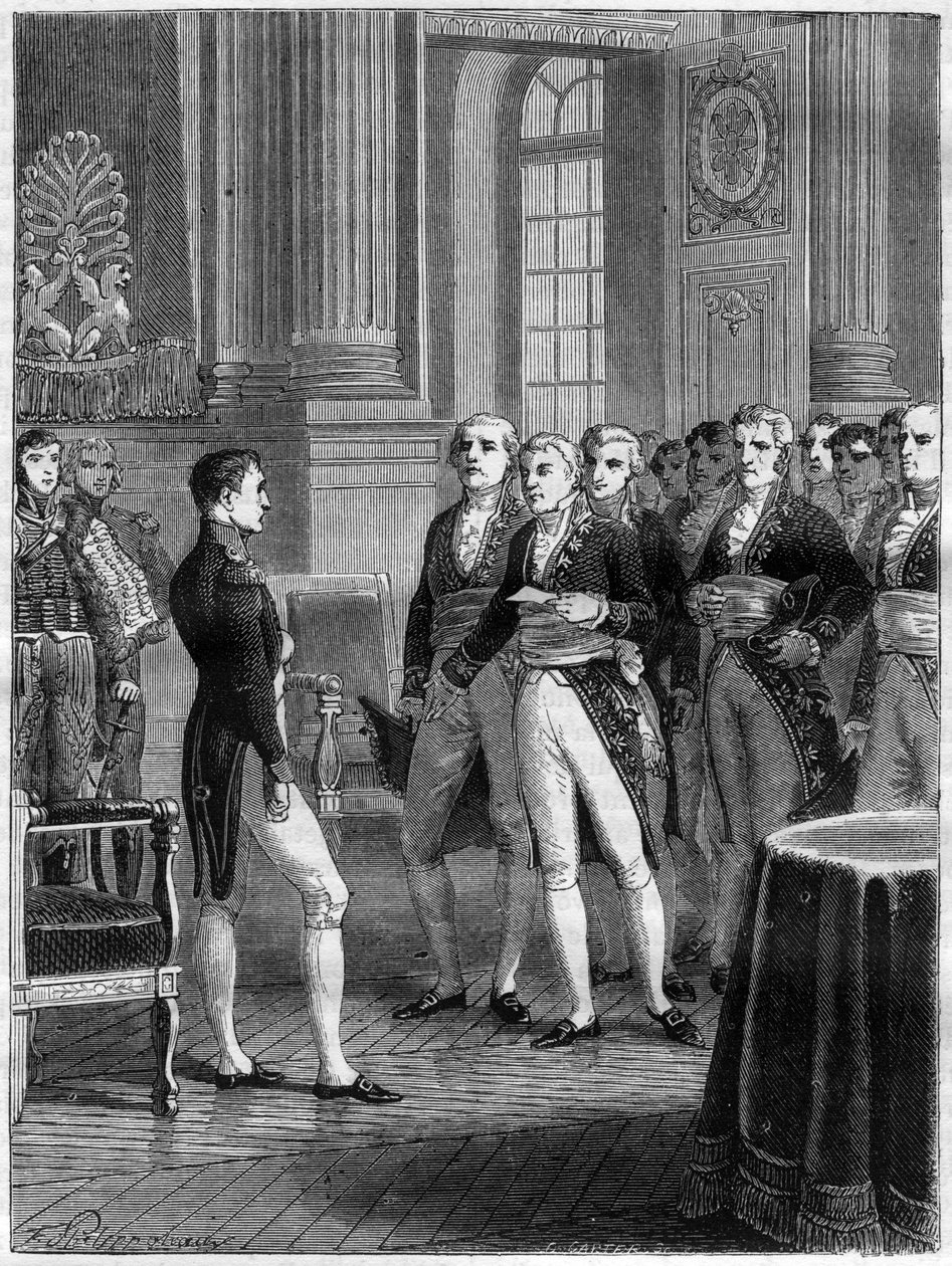 Discurso de Jean-Pierre-Louis de Fontanes com o Primeiro Cônsul Napoleão Bonaparte por ocasião da conclusão do Código Civil, Paris de French School