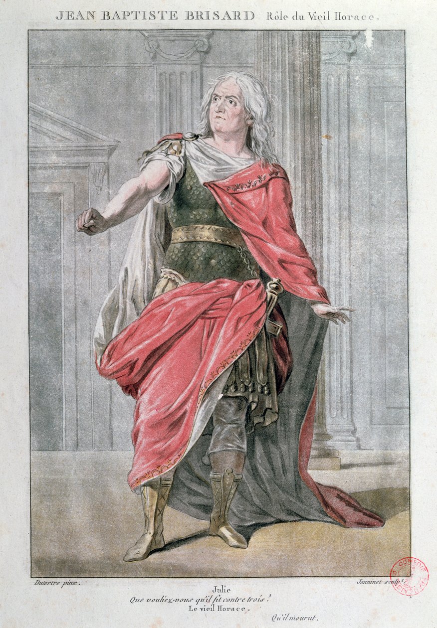 Jean Baptiste Brisard no papel de Vieil Horace na tragédia Horace de Corneille (gravura a cores) de French School