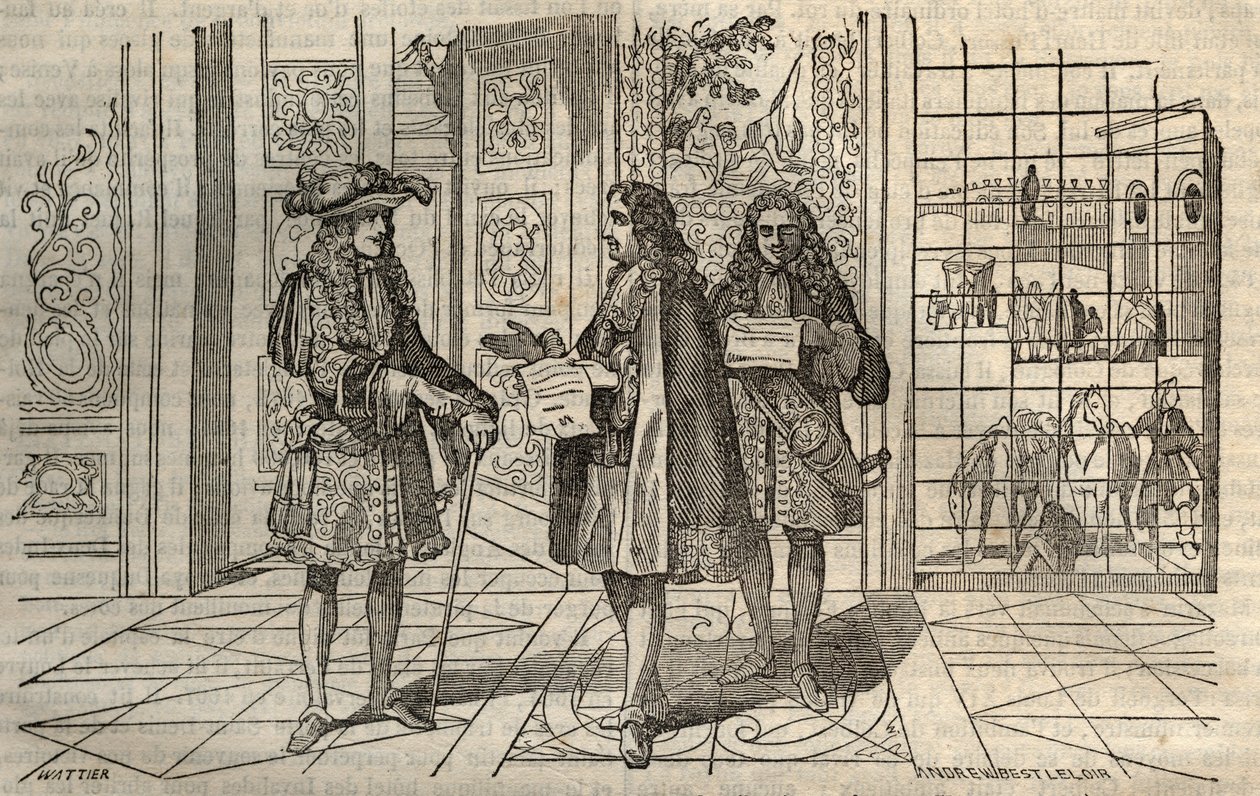 Jean Baptiste Colbert (Jean-Baptiste) (1619-1683) num encontro com o Rei Luís XIV e François Louvois (1641-1691) em Versalhes - gravura depois de Leclerc - de French School
