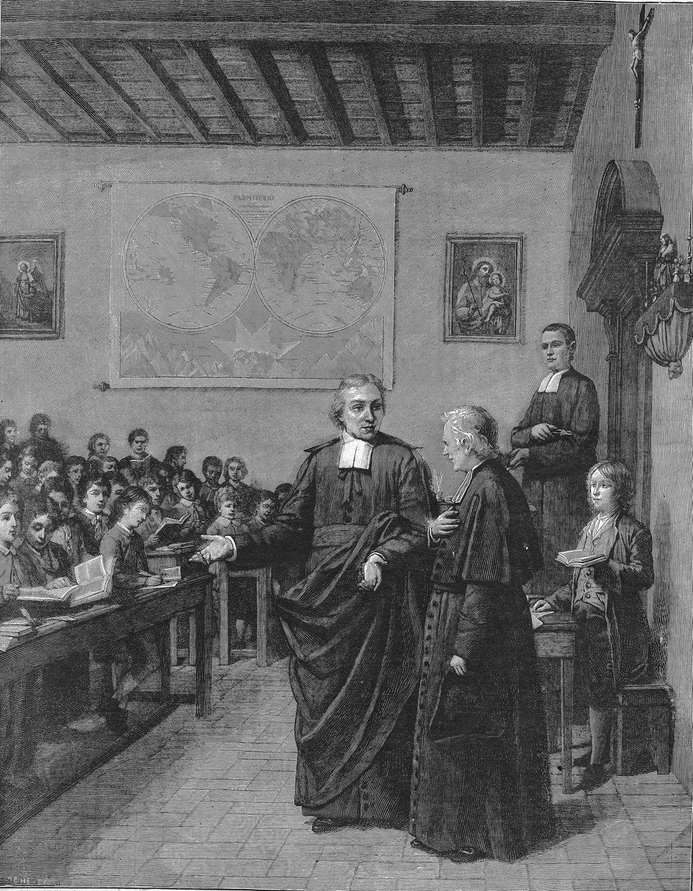 Jean Baptiste De La Salle (Jean-Baptiste) 1651-1719 religioso francês, fundador da congregação dos Irmãos das Escolas Cristãs, mostrando uma de suas escolas à M de La Chetardie. Gravura do final do século XIX. de French School