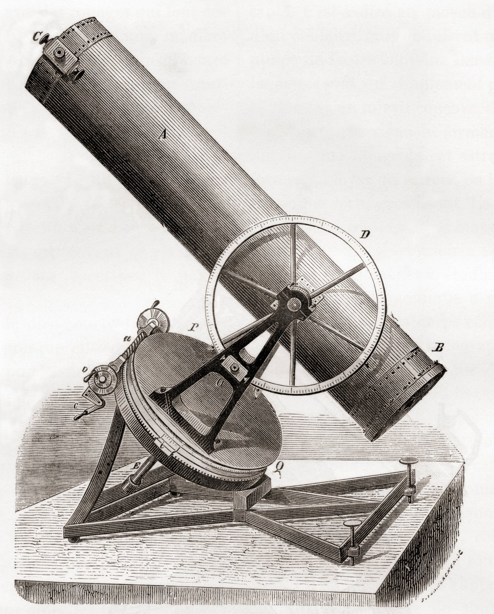 O espelho de Jean Bernard Léon Foucault reflectindo o telescópio num monte equatorial, depois de um desenho do século XIX, de Les Merveilles de la Science, publicado c.1870 (gravura) de French School