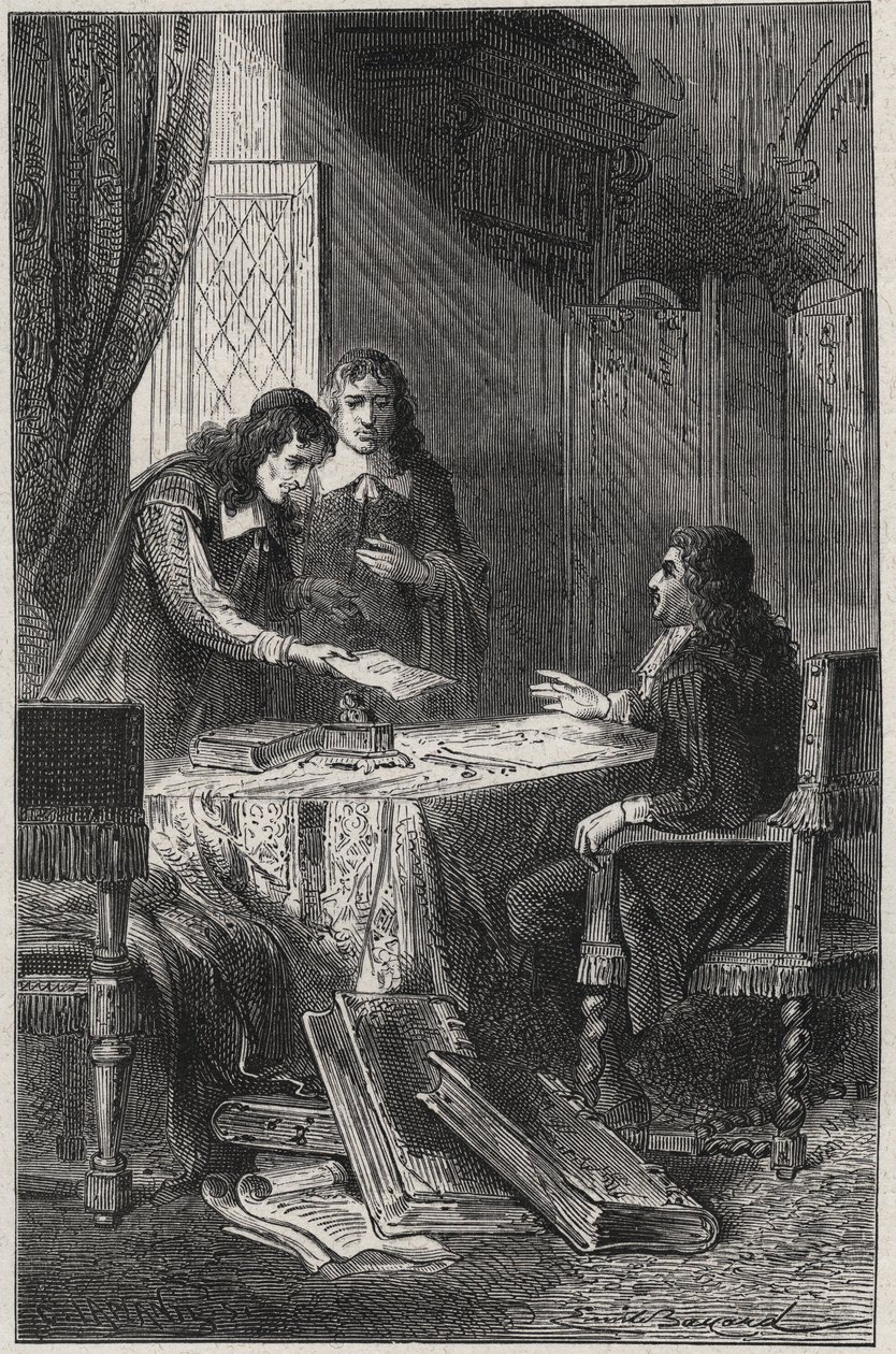 Jean Chapelain (1595-1674), poeta e crítico literário francês, e Pierre Costar (1603-1660) deram a Jean Baptiste Colbert (1619-1683) uma lista de escritores que merecem ser aposentados pelo rei - gravada em "Les Hommes Celebres de la France" de Louis Dumas de French School