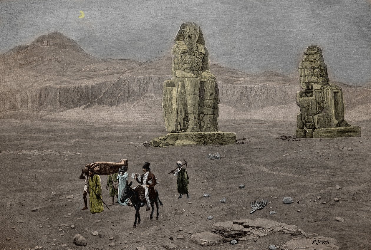 Jean Francois Champollion nos Colossos de Memnon, Egito (gravura) de French School