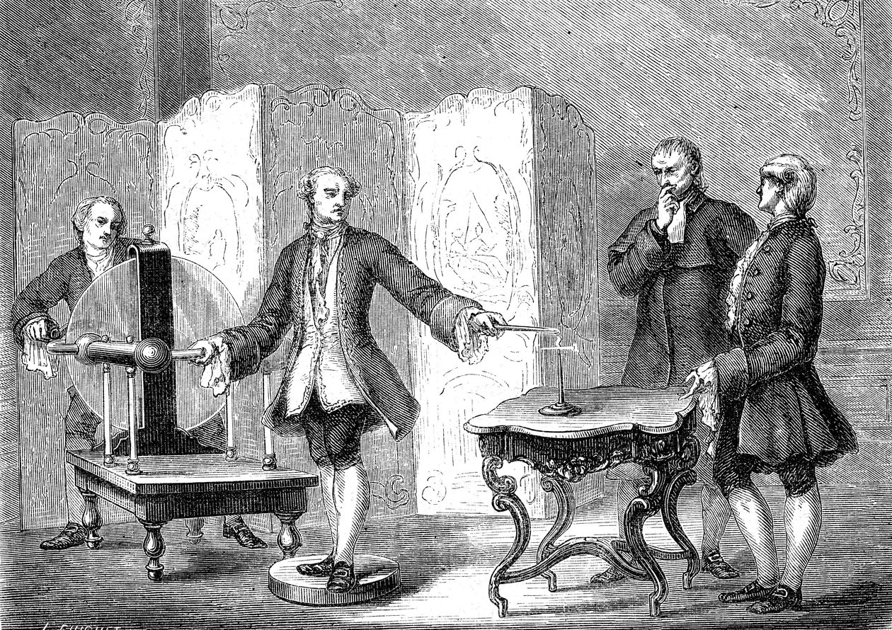 Jean JALLABERT (1712-1768), físico suíço, descobre a eletricidade em objectos pontiagudos (Power of the Pointe de FRANKLIN). gravura de 1867 de French School