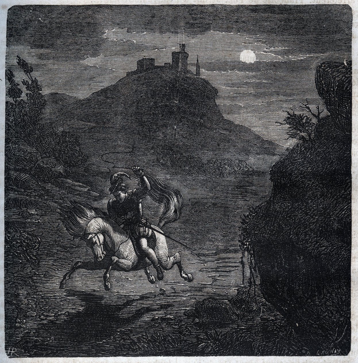 Jean de Laval Comte de Chateaubriant (Laval-Chateaubriant) (1486-1543) fugiu para Inglaterra depois de ter assassinado a sua esposa Françoise de Foix, Condessa de Chateaubriant (ca. 1495-1537). Gravura de 1871 em "Histoire Des Cocus Celebres" de Henry de K de French School