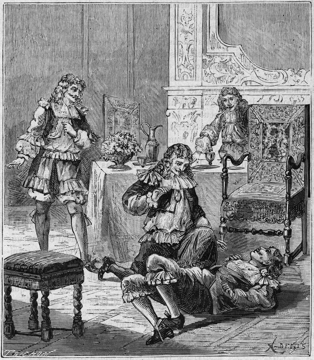 Jean de SANTEUL (Santeuil) (1630-1697) venenos com um copo de vinho em que foi colocado tabaco de Espanha - Gravura em "Ciências disponibilizadas a todos - física e química" por Alexis Clerc - Final do século XIX - Colecção privada de French School