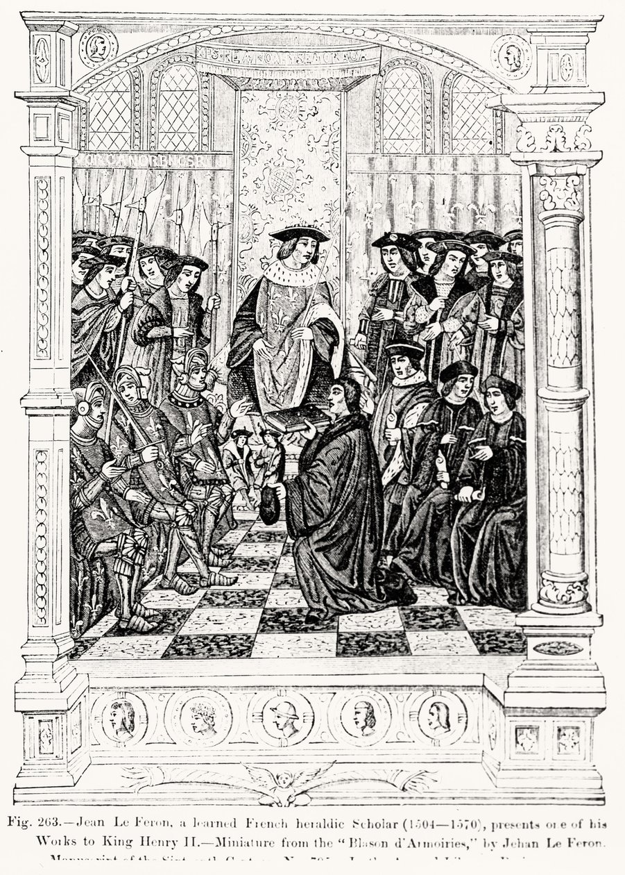 Jean le Feron (1504-70) apresenta uma de suas obras para o rei Henrique II (1519-89) de Blason dArmoires, de Jean le Feron, ilustração da ciência e literatura na Idade Média e da Renascença. de French School