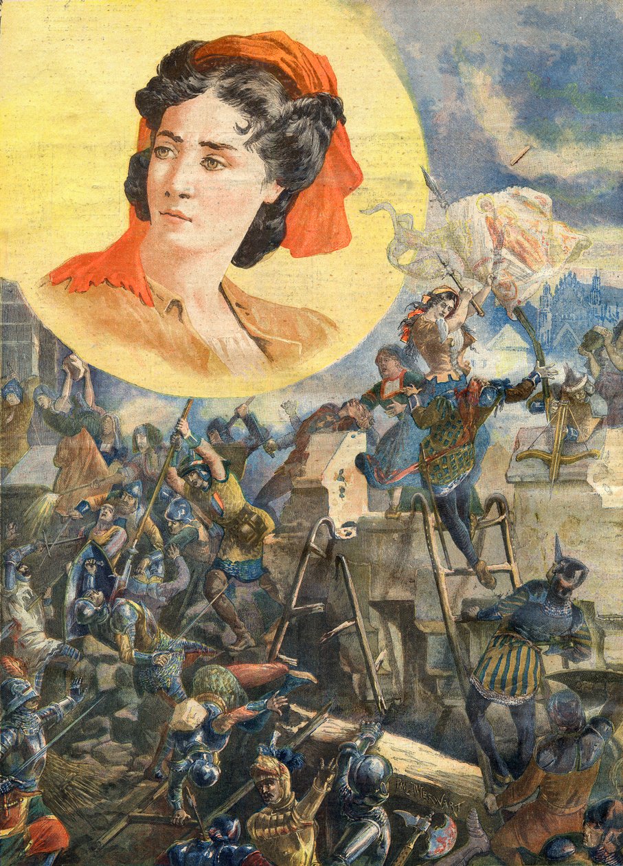 Jeanne Laisne (1456-?) , conhecida como Jeanne Fourquet, apelidada de Jeanne Hachette Heroine francaise - Jeanne Hachette no Cerco de Beauvais 1472 - Ilustração para o Le petit Journal, 8 de Janeiro de 1894 de French School