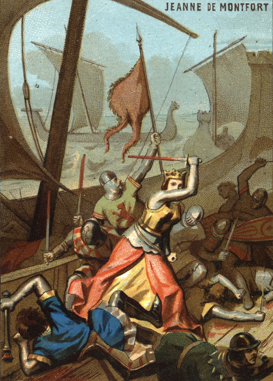 Jeanne de Montfort e La Bretagne (1342): Jeanne de Montfort apoiou uma batalha naval perto de Guernsey. Cromolitografia da série "Educação Patriótica pela Imagem". de French School