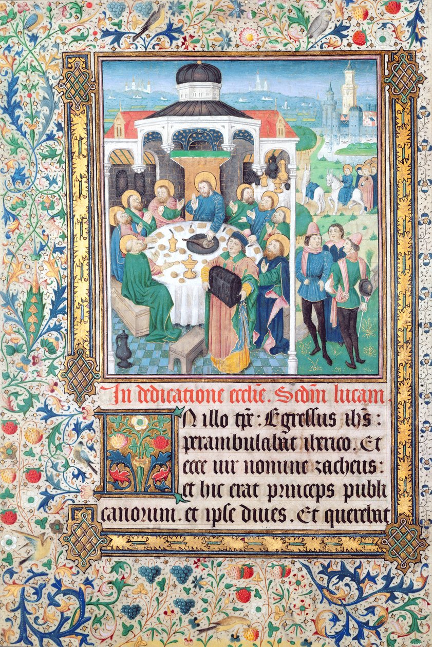 Jesus comendo na casa do cobrador de impostos, Zaqueu e a Entrada em Jerusalém, miniaturas do Evangelho de Lucas de French School