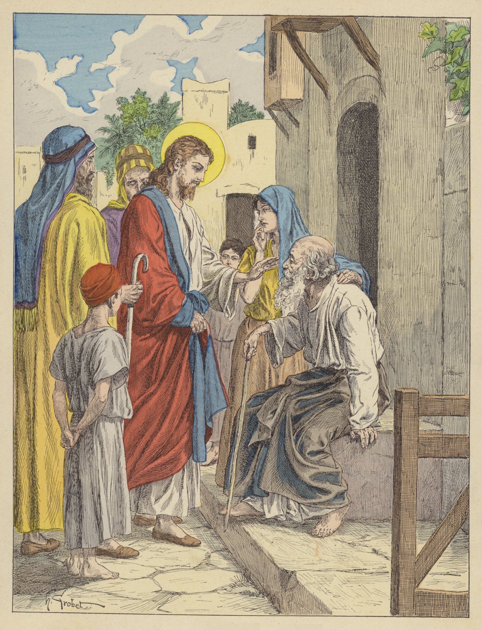 Jesus cura o cego (litografia a cores) de French School