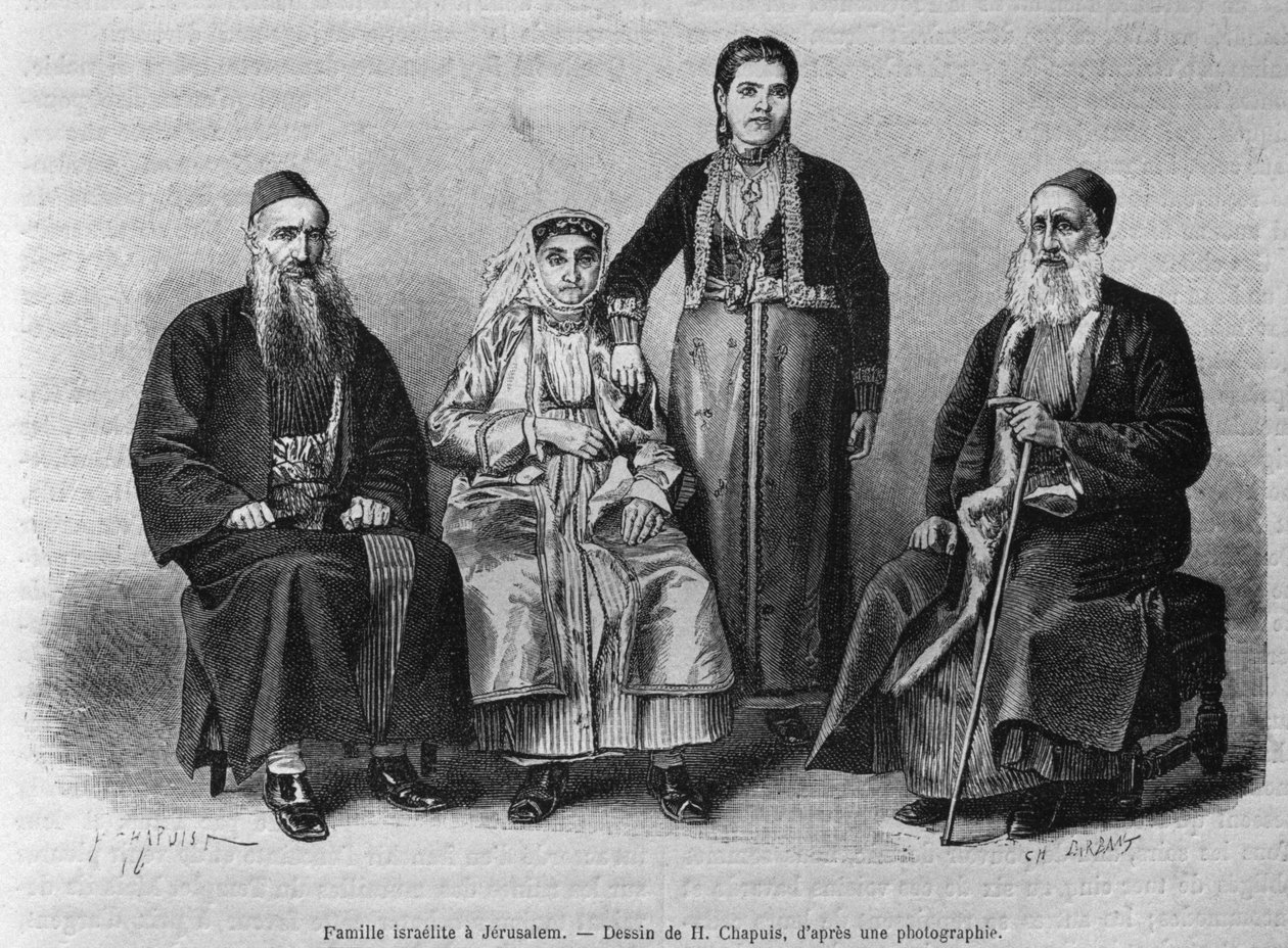 Família judia de Jerusalém, da Síria hoje. Viajar para a Fenícia, o Líbano e a Judéia. 1875-1880 de Louis Charles Emile Lortet, 1884 (gravura do bw) de French School