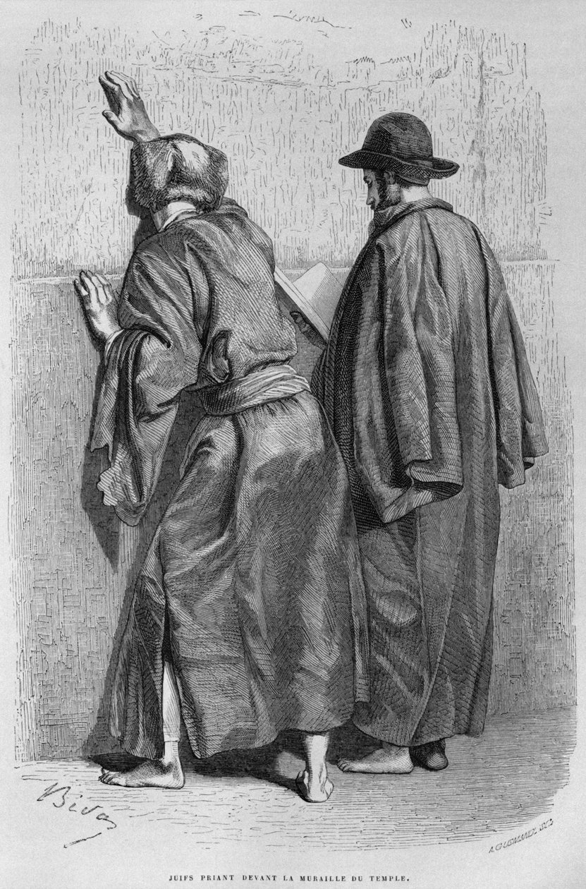 Homens judeus no Muro das Lamentações, da Síria hoje. Viajar para a Fenícia, o Líbano e a Judéia. 1875-1880 de Louis Charles Emile Lortet, 1884 (gravura do bw) de French School