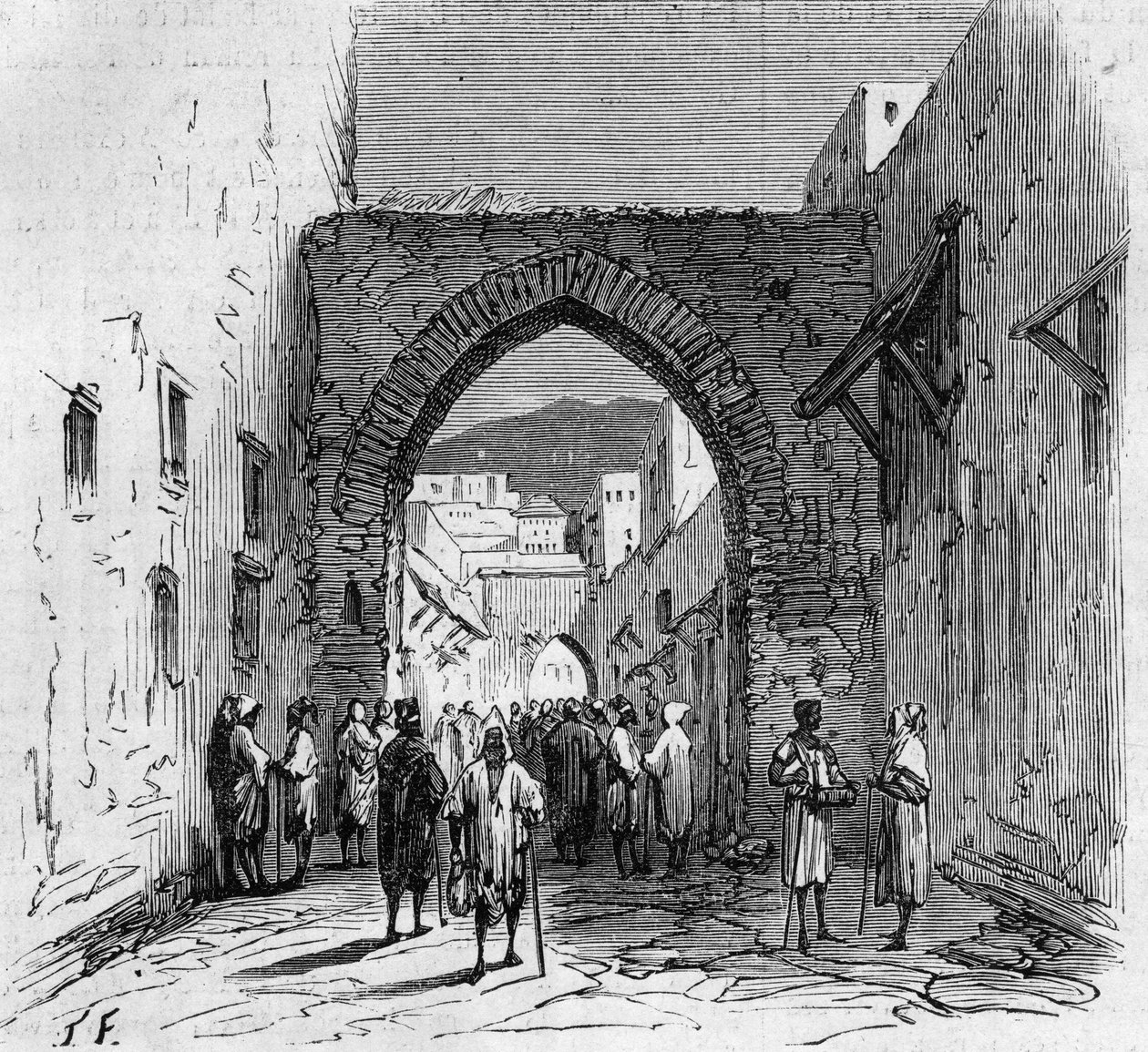 População judia de Tetouan (Tetuan) em Marrocos: vista da porta do bairro judeu de French School