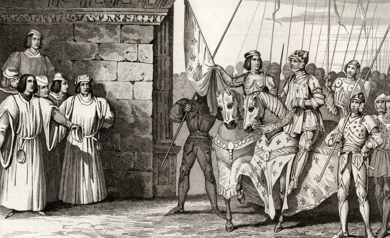Joana d&39;Arc (1412-31) chega a Reims em 1429 para assistir à coroação de Carlos VII (1403-61) de &39;Histoire de France&39; de Colart, publicada em 1840. de French School
