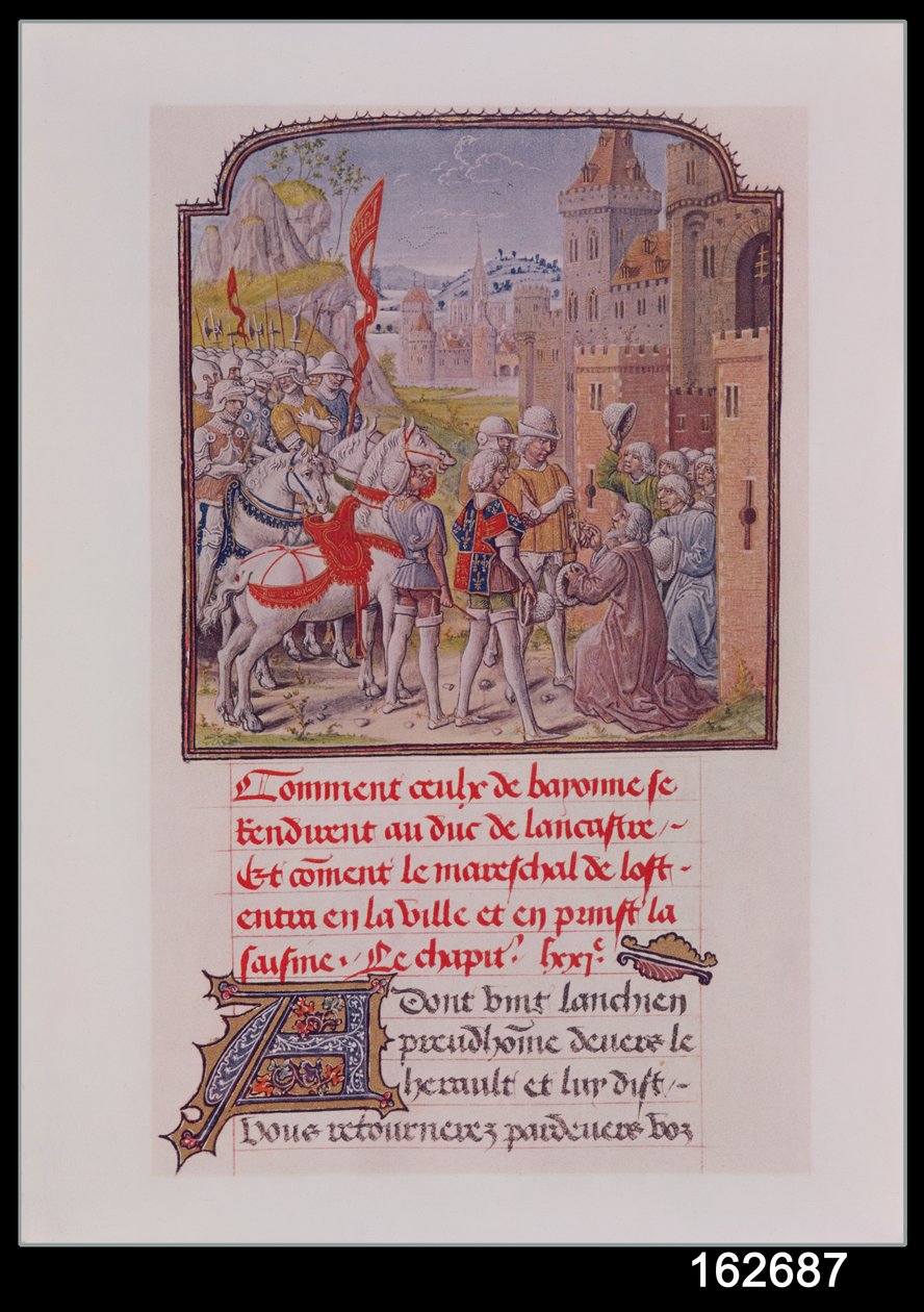 John de Gaunt sendo recebido pelos cidadãos de Bayonne nos portões da cidade, desde Froissarts Chronicle, no final do século XV de French School