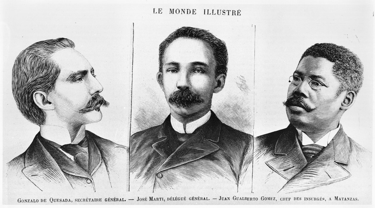 Jose Marti (1853-95), Gonzalo de Quesasa (1868-1915), Juan Gualberto Gómez (1854-1933), ilustração do Ilustre Mundo, 16 de março de 1895 de French School