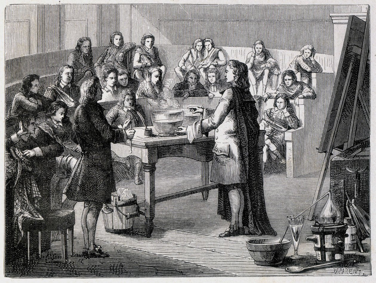 Joseph Black (1728 - 1799), químico e físico britânico, experimenta o calórico latente antes dos alunos da Universidade de Glascow de French School