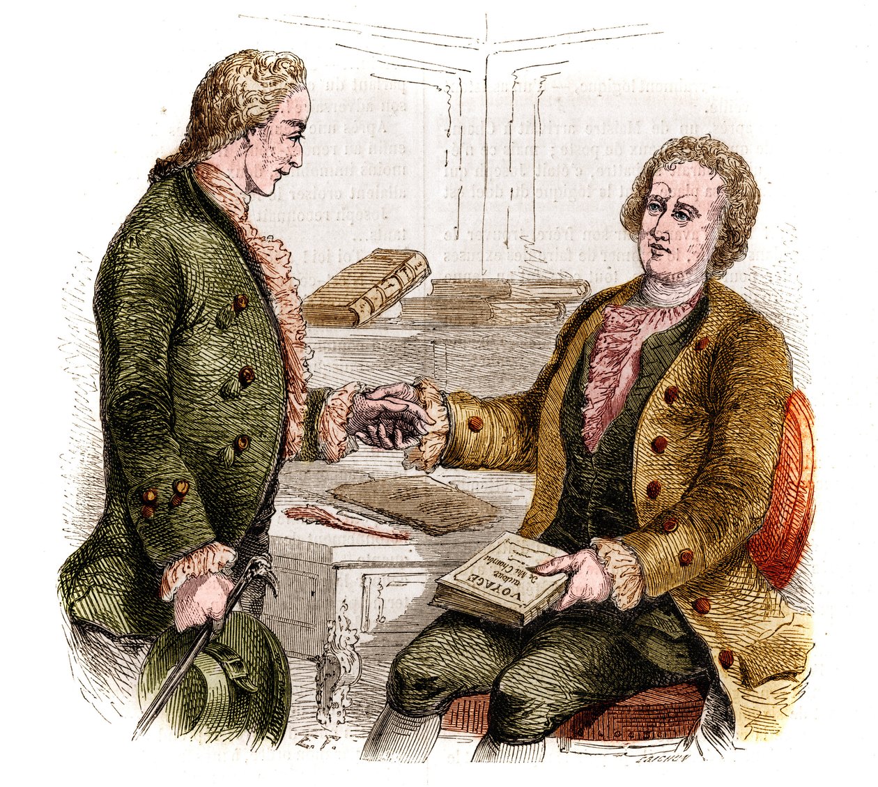 Joseph de Maistre (1753-1821), político, escritor e filósofo francês, e o Conde Xavier de Maistre (1763-1852), oficial e escritor francês com o primeiro exemplar do "Journey around my room". Desenho florestal. Gravura a partir de 1852. de French School