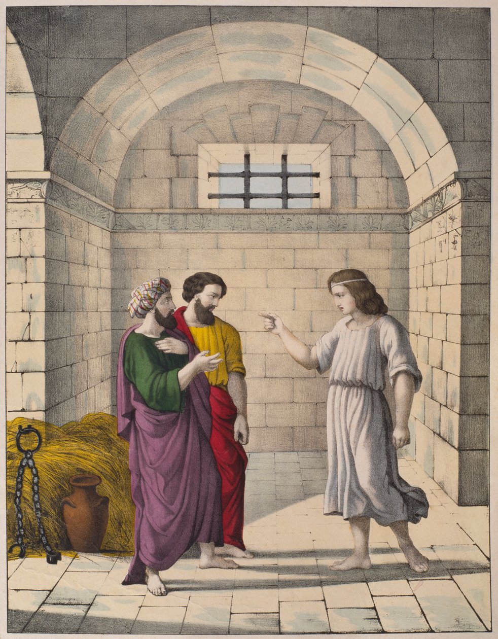 Joseph na prisão, explicando os sonhos do padeiro chefe e o mordomo chefe, ilustração de um catecismo LHistoire Sainte, publicado por Charles Delagrave, Paris, final do século XIX de French School