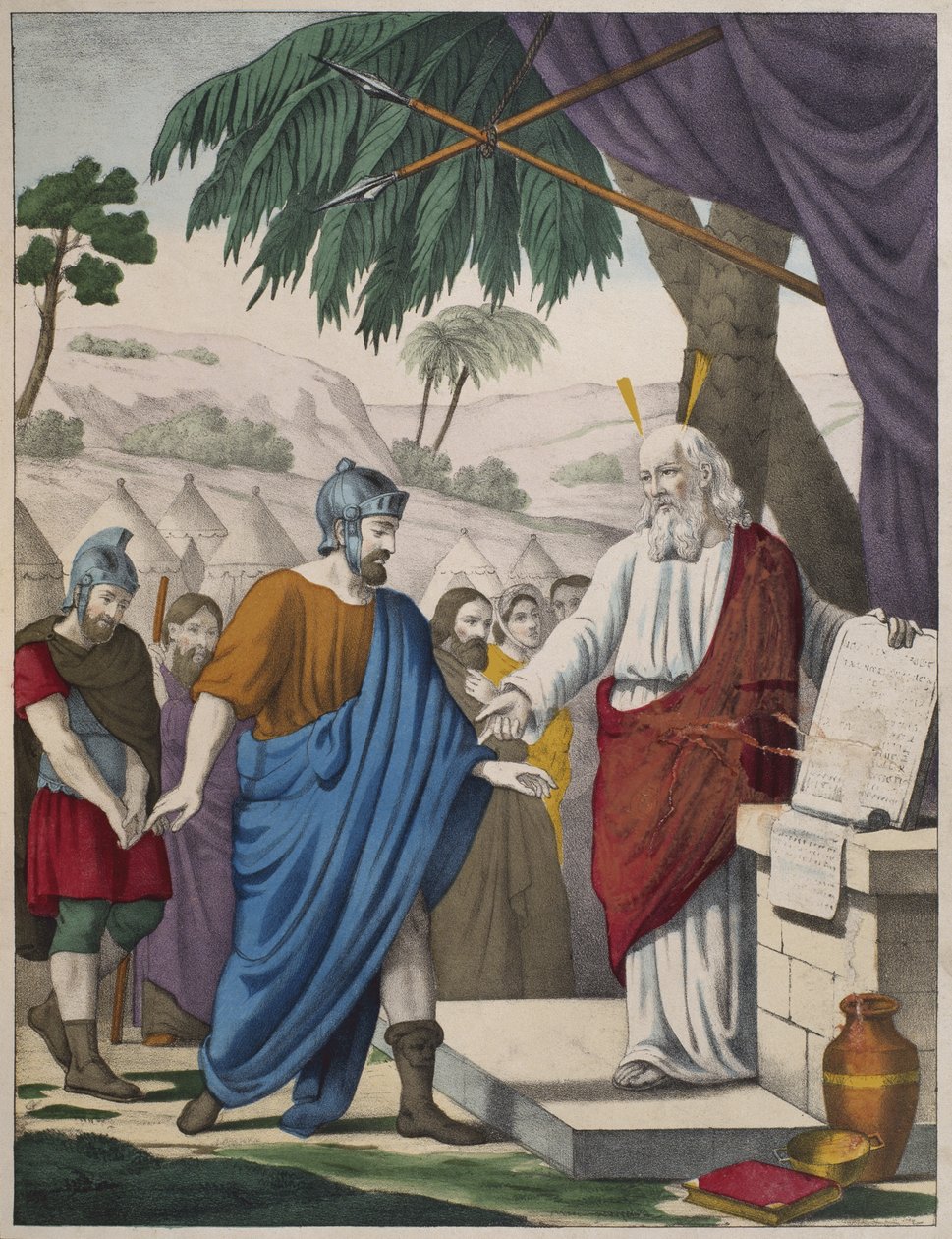 Josué nomeado por Moisés como seu sucessor, ilustração de um catecismo LHistoire Sainte, publicado por Charles Delagrave, Paris, final do século XIX de French School
