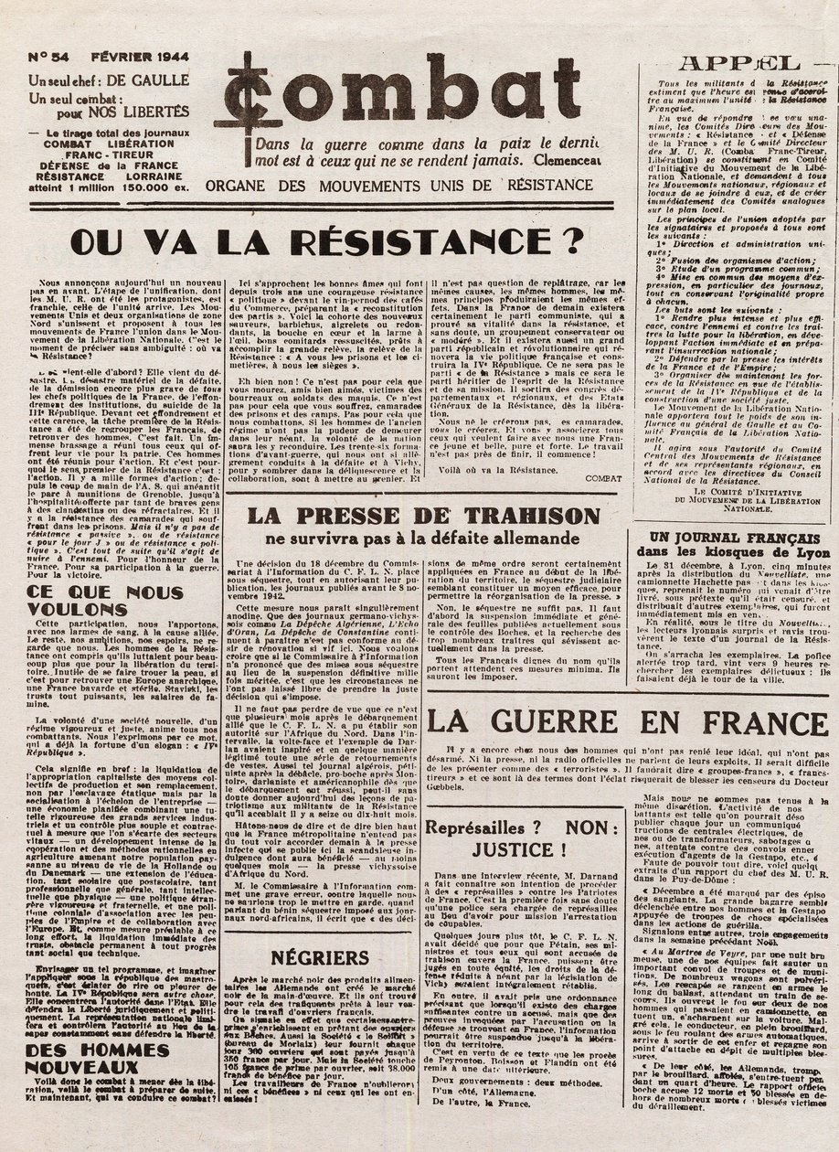Revista COMBAT - número 54 - fevereiro de 1944 - órgão dos movimentos de resistência unidos. (jornal clandestino) - Para onde irá a resistência de French School