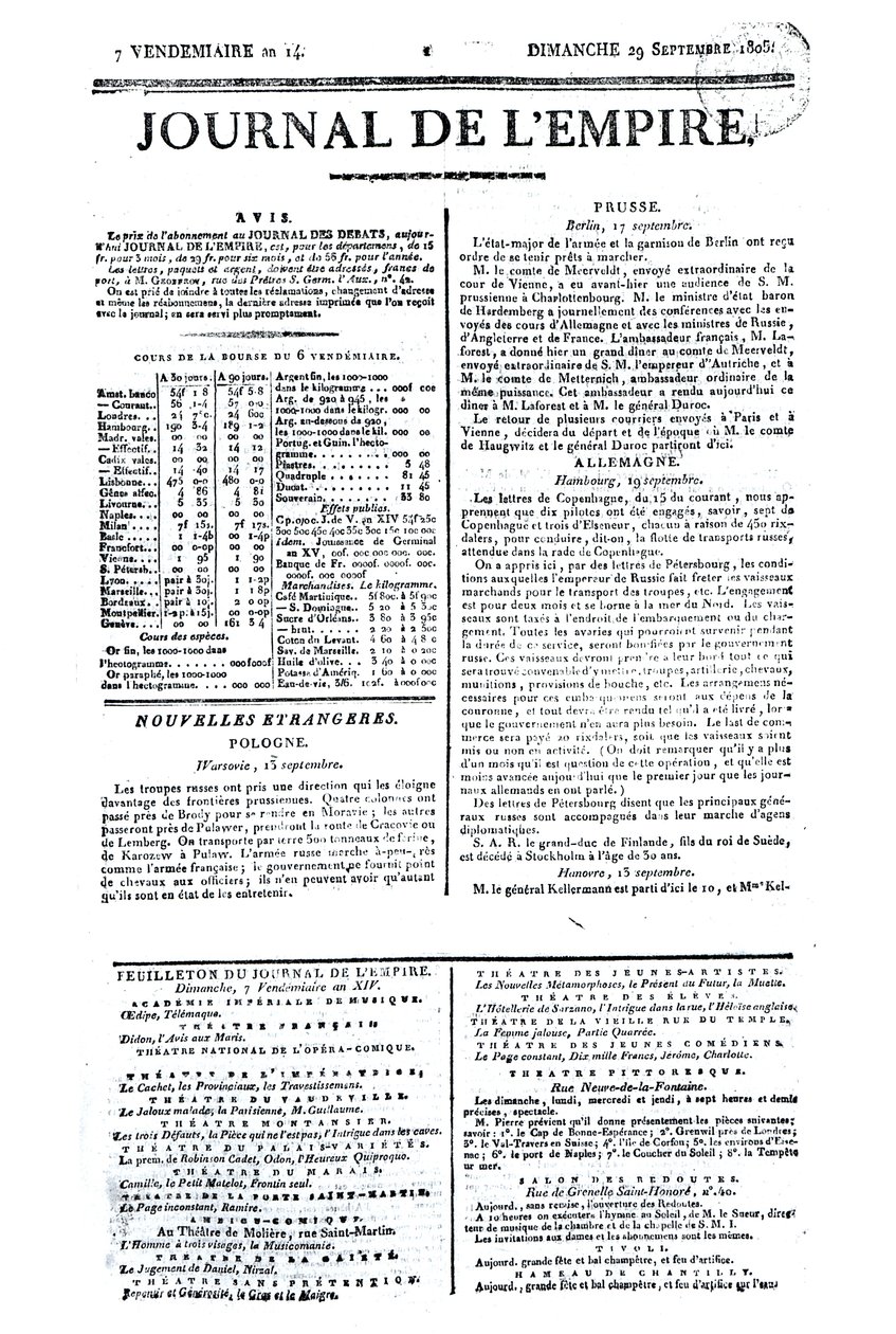 Journal de lEmpire, 29 de setembro de 1805 (impresso) de French School