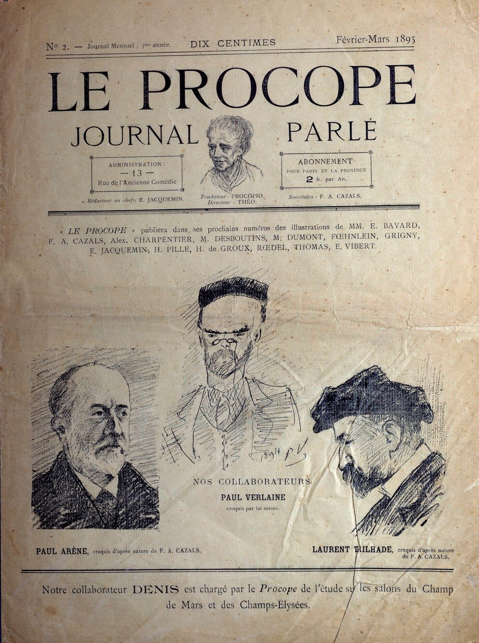 Journal du Proope, café parisiense, fevereiro de 1895: retratos dos poetas franceses Paul Verlaine, Paul Arene e Laurent Tailhade. de French School