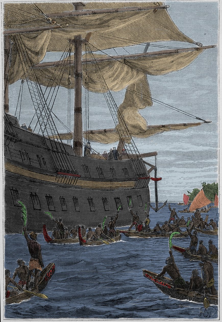 Viagem de Samuel Wallis (1728-1795) à Polinésia: povos indígenas com ramos de banana na mão como uma saudação de boas-vindas - ilustração retirada de "Os Grandes Marinheiros do século XVIII". de French School