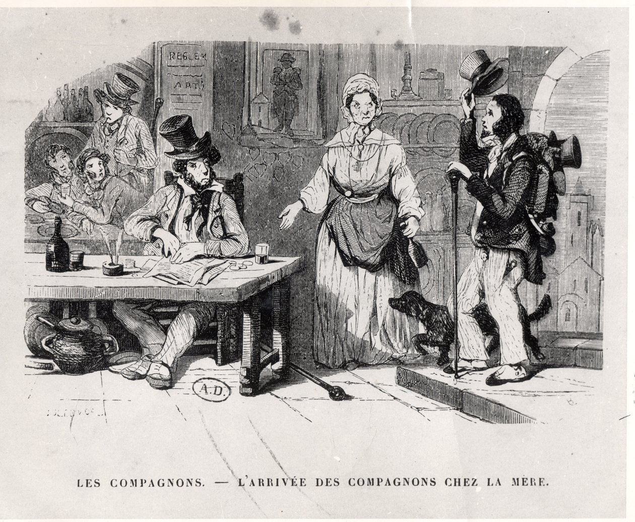 Journeyman chegando em uma casa de embarque, c. 1850 de French School